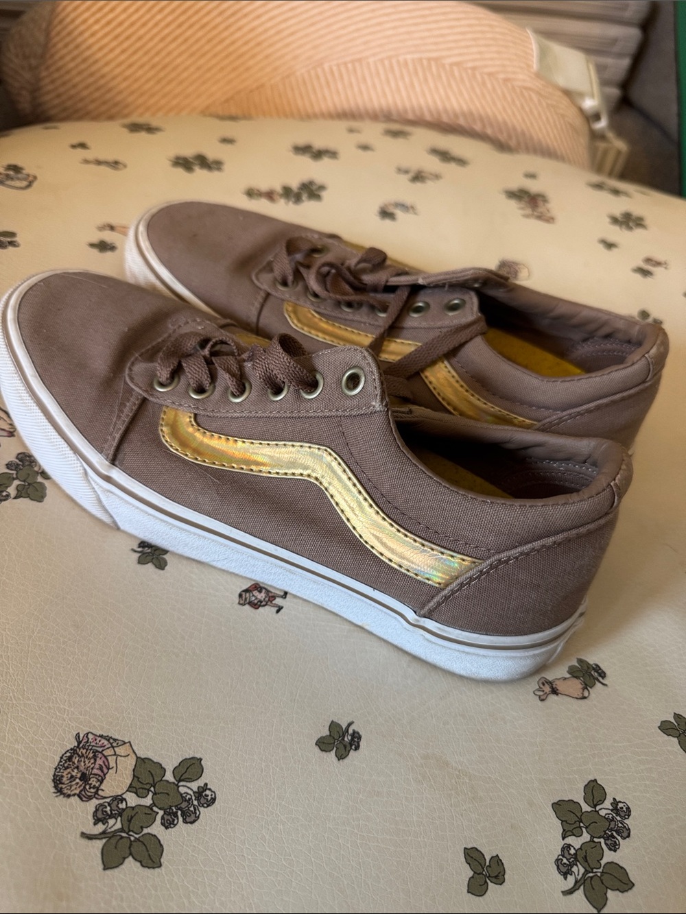 Vans Brown Canvas Sneakers with Iridescent Gold Stripe